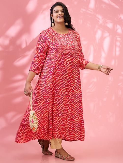 globus gloplus women red round embroidered yoke geometric print flared hem plus size a-line kurta - 21954881 -  Standard Image - 0