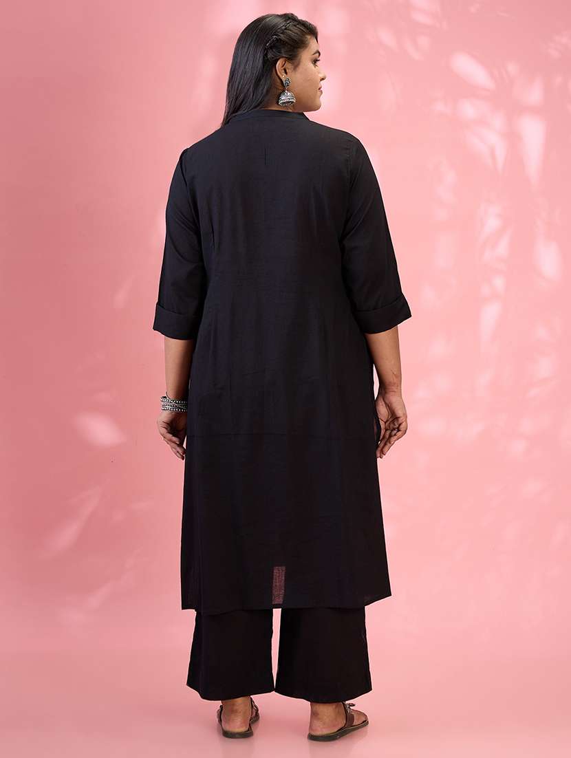 globus gloplus women black embroidered yoke mandarin collar roll up sleeves pleated plus size a-line kurta with pants set - 21954885 -  Standard Image - 2