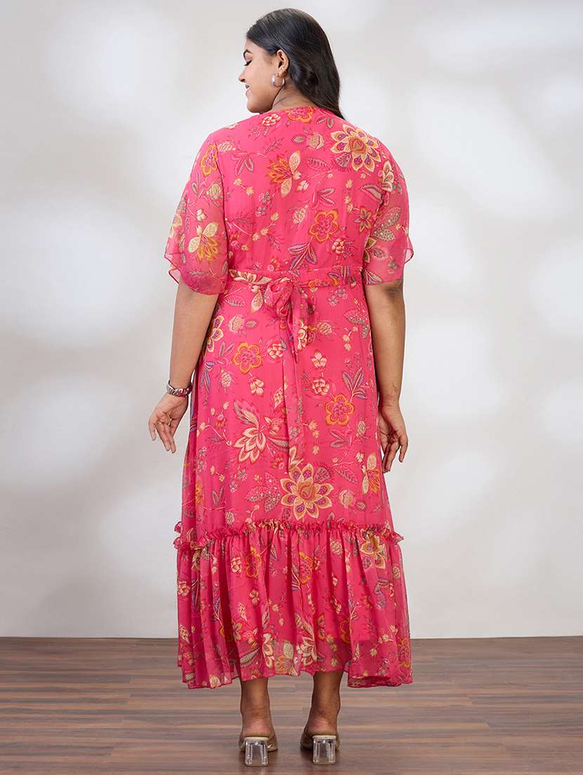 globus gloplus women multi v-neck flared sleeves floral print waist tie-up tiered flared hem plus size a-line maxi dress - 21954887 - Standard Image - 2