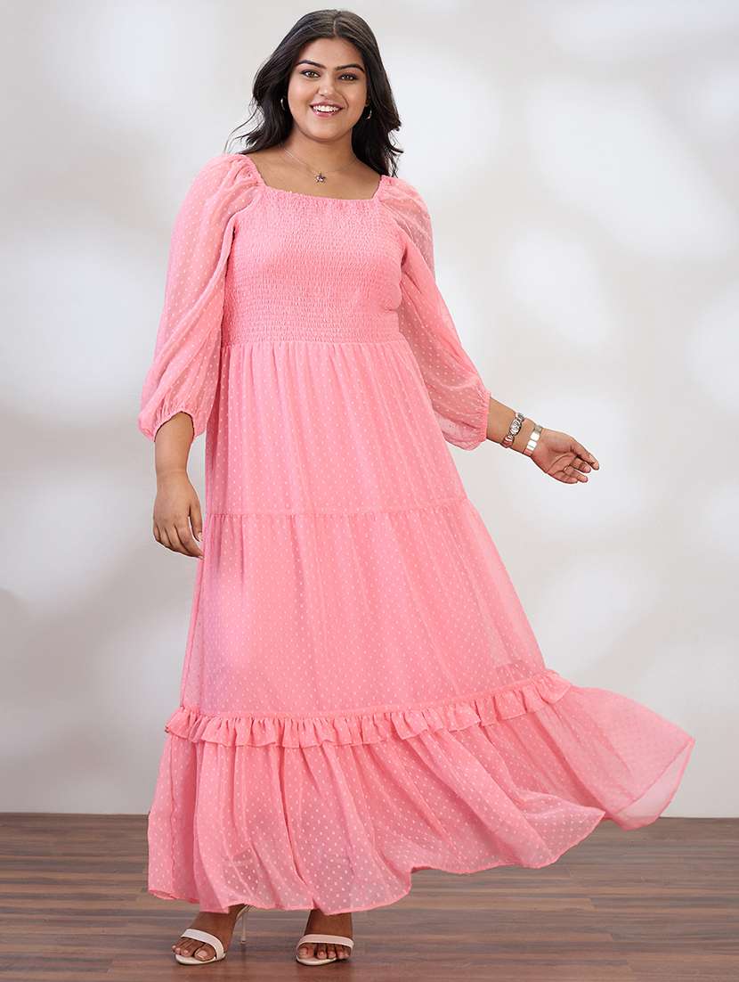 globus gloplus women pink square neck raglan sleeves self design smocked tiered plus size fit & flare maxi dress - 21954888 - Zoom Image - 0
