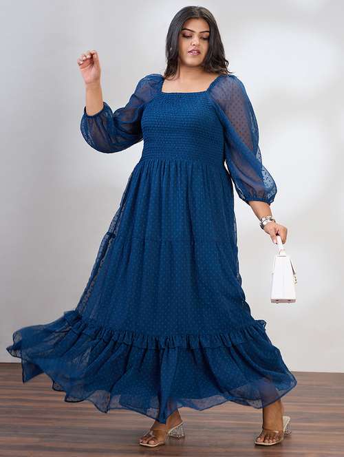 globus gloplus women blue square neck raglan sleeves self design smocked tiered plus size fit & flare maxi dress - 21954889 -  Standard Image - 0