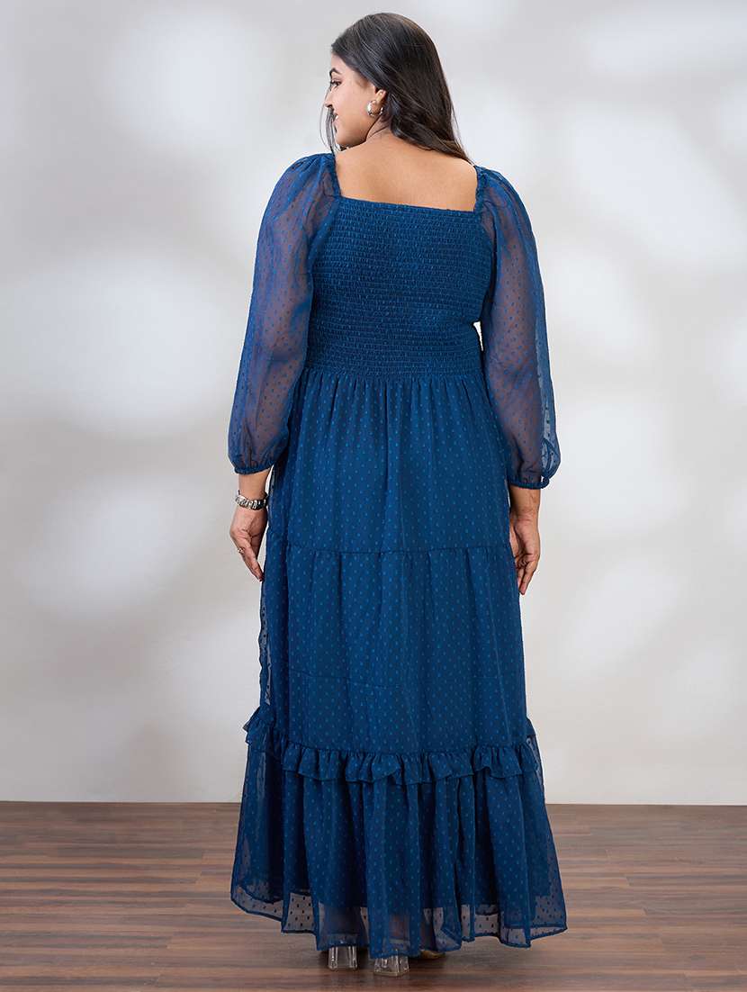 globus gloplus women blue square neck raglan sleeves self design smocked tiered plus size fit & flare maxi dress - 21954889 - Standard Image - 2