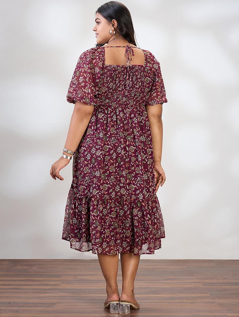 globus gloplus women maroon square neck raglan sleeves floral print smocked tiered plus size fit & flare midi dress - 21954891 - Standard Image - 2