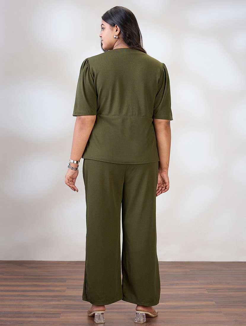globus gloplus women olive v-neck puff sleeves solid plus size top & trousers workwear co-ord set - 21954895 -  Standard Image - 2