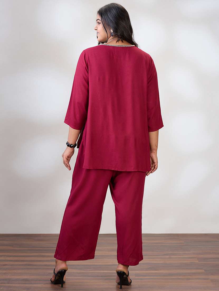 globus gloplus women maroon round neck solid plus size top & trousers co-ord set - 21954897 - Standard Image - 2