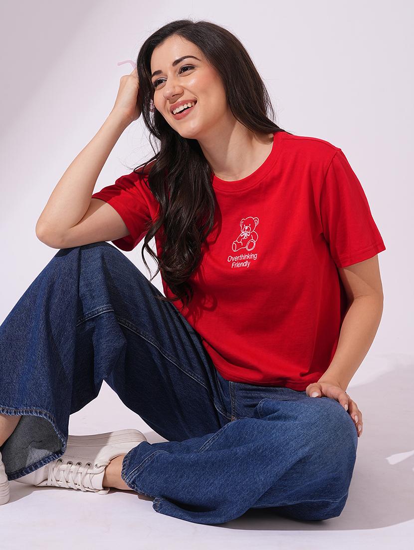 globus women red round neck short sleeves graphic print oversized t-shirt - 21954899 - Standard Image - 2