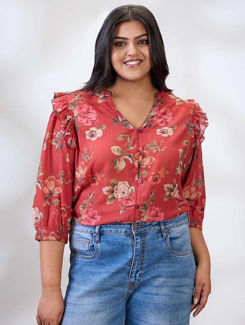 globus gloplus women red v-neck puff sleeves floral print ruffle detail plus size shirt