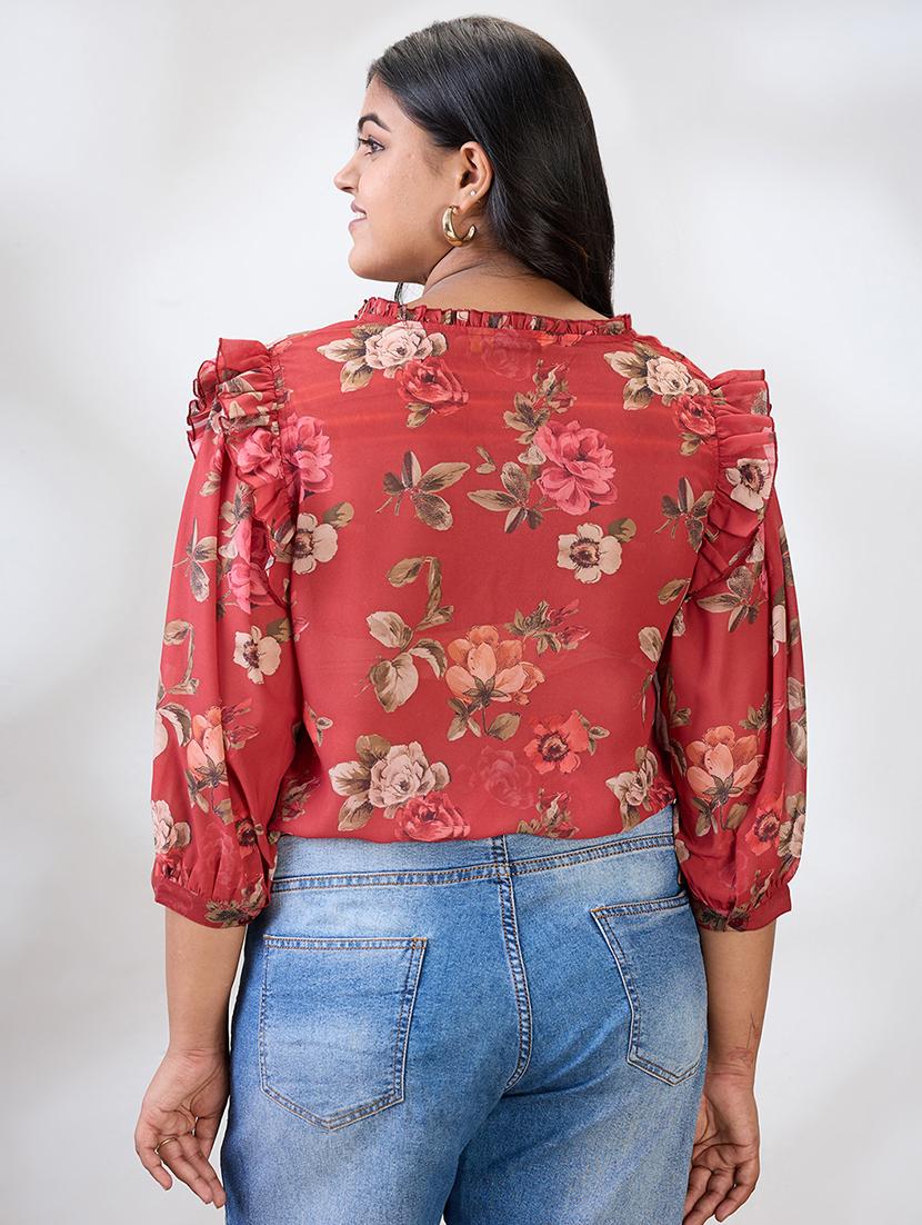 globus gloplus women red v-neck puff sleeves floral print ruffle detail plus size shirt - 21954900 - Standard Image - 2