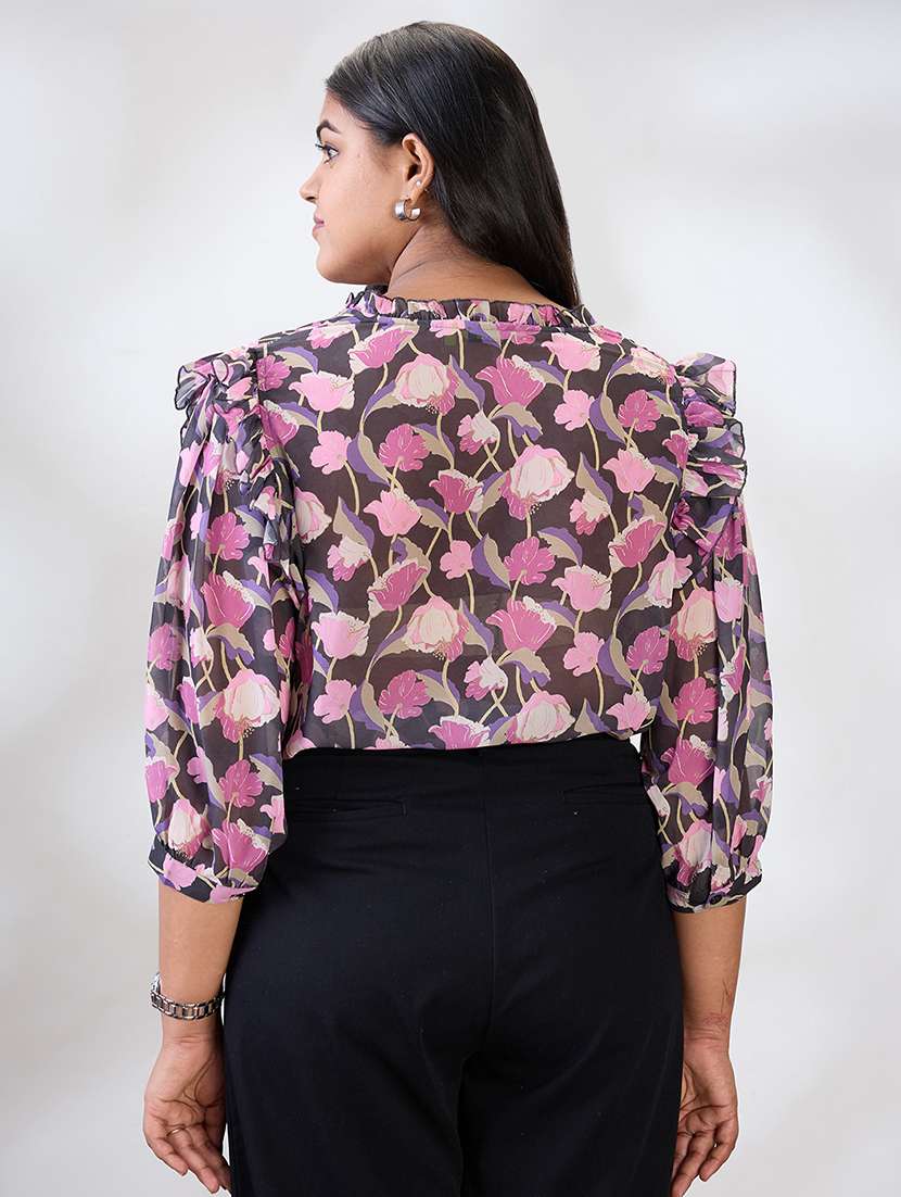 globus gloplus women black v-neck puff sleeves floral print ruffle detail plus size shirt - 21954901 -  Standard Image - 2