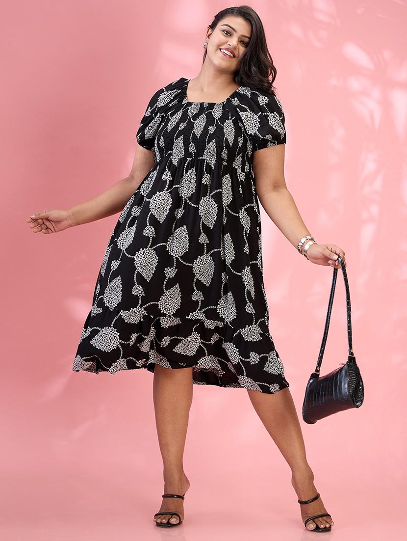 globus gloplus women black square neck puff sleeves floral print smocked tiered plus size fit & flare midi dress - 21954905 -  Zoom Image - 0