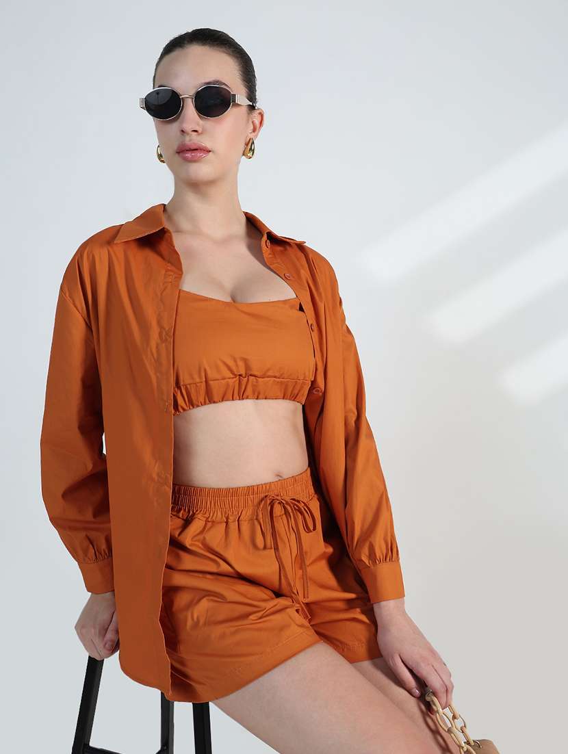 women solid shirt and shorts co-ord set