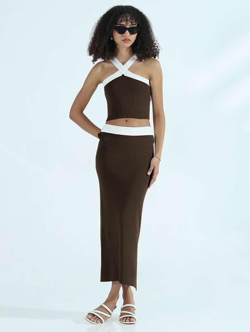 wome brown solid top and skirt co-ord set - 21955771 -  Standard Image - 2