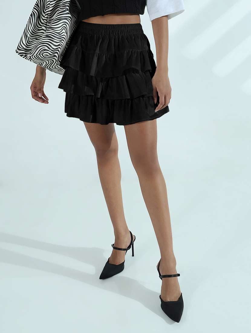 women black solid mini layered skirt