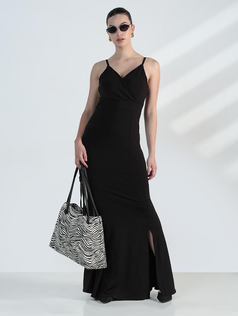 women black solid shoulder strap maxi dress - 21955784 - Zoom Image - 0