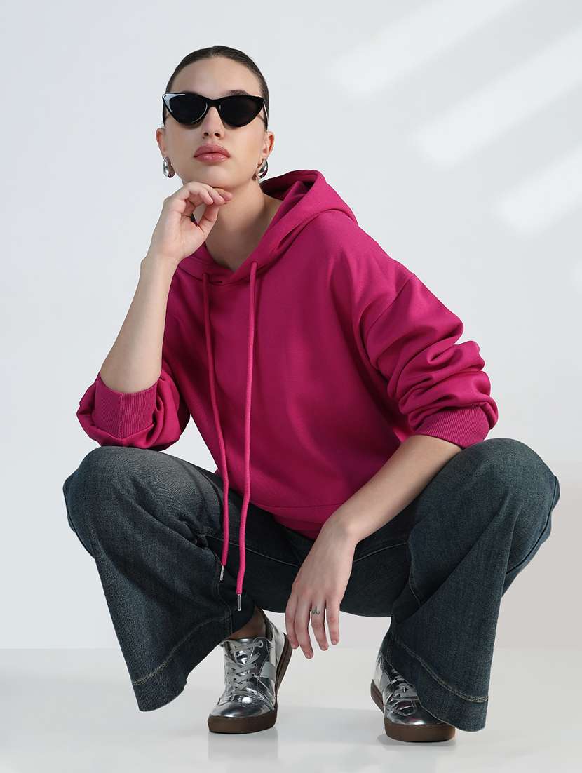 women solid long sleeve loose fit hooded sweatshirt - 21955789 - Standard Image - 2