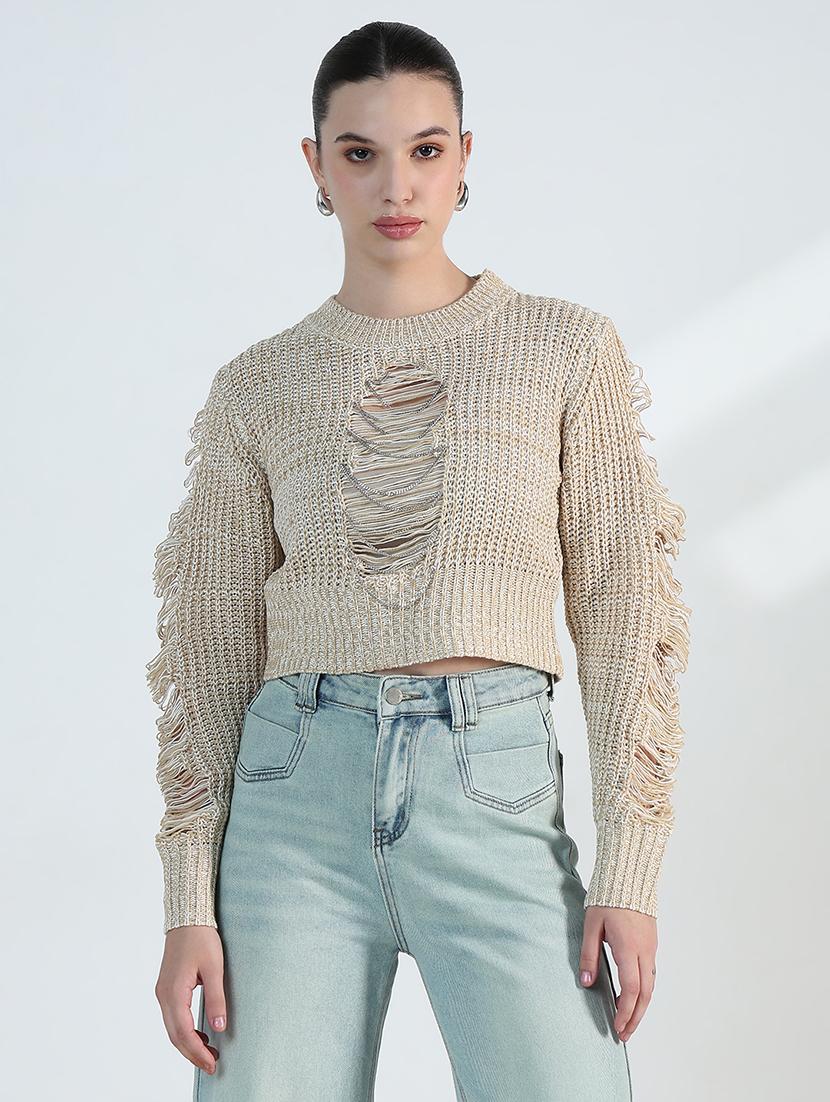 women distressed long sleeve crop pullover - 21955826 - Standard Image - 2