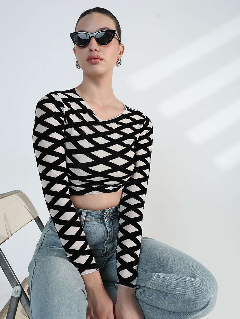 women printed long sleeve crop top