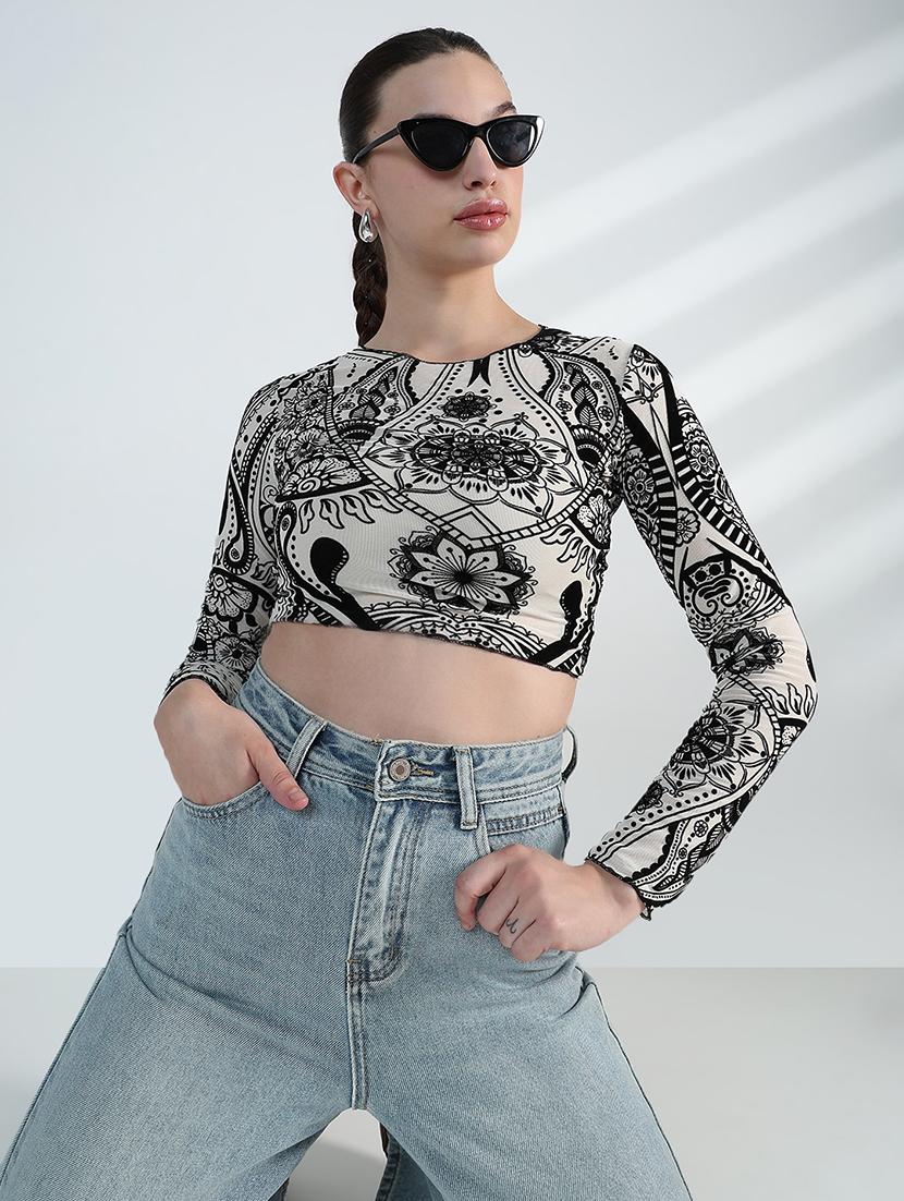 women printed long sleeve crop top - 21955835 - Zoom Image - 0