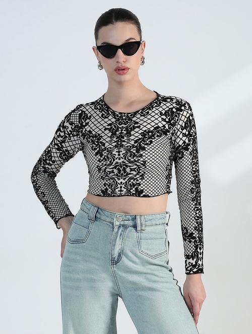 women printed long sleeve crop top - 21955837 - Standard Image - 0