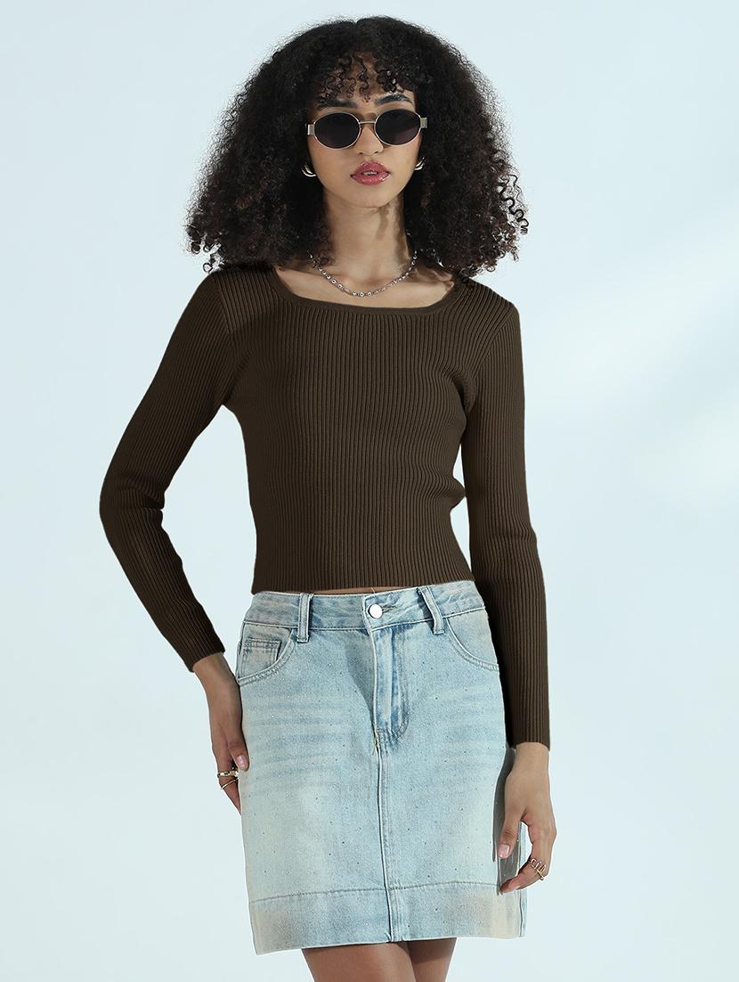 women solid long sleeve crop top - 21955841 - Standard Image - 2