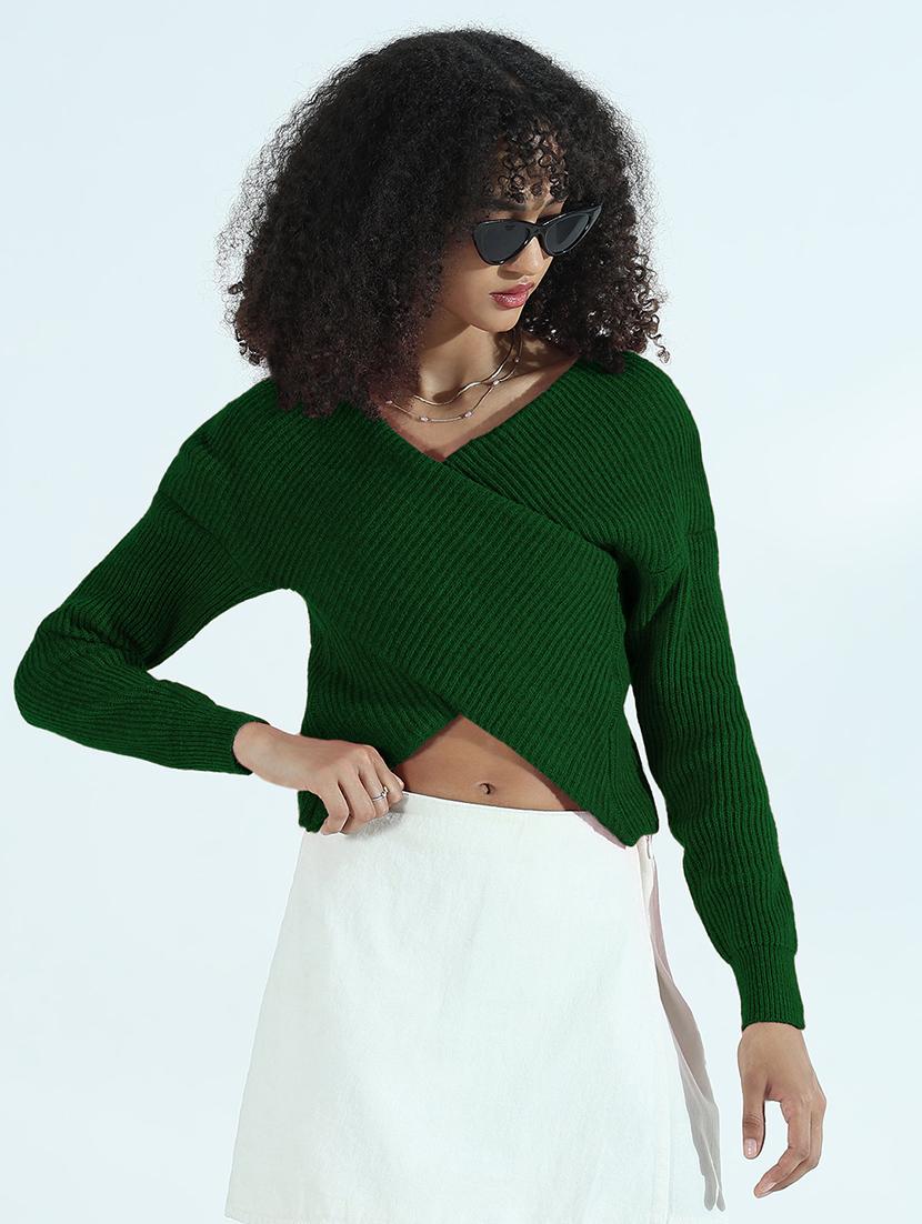 women solid long sleeve crop pullover - 21955843 - Zoom Image - 0