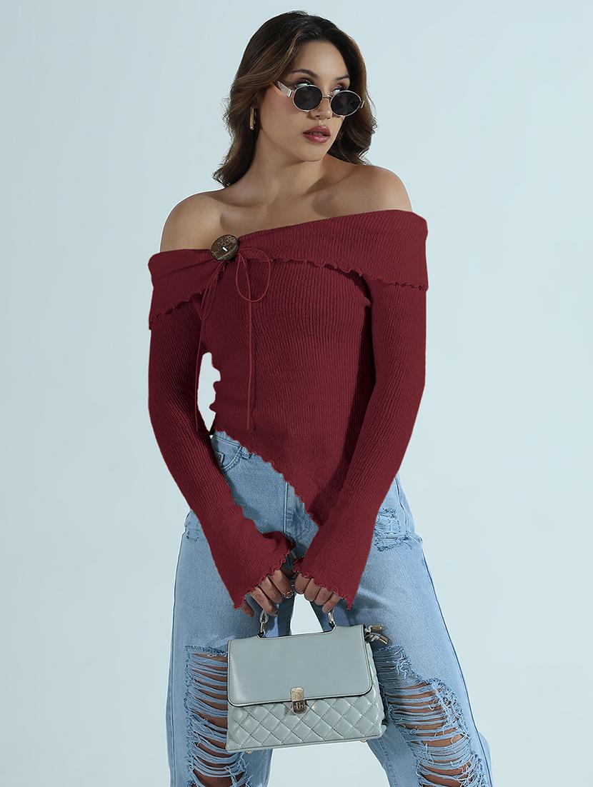 women solid off shoulder asymmetric top - 21955844 - Zoom Image - 0