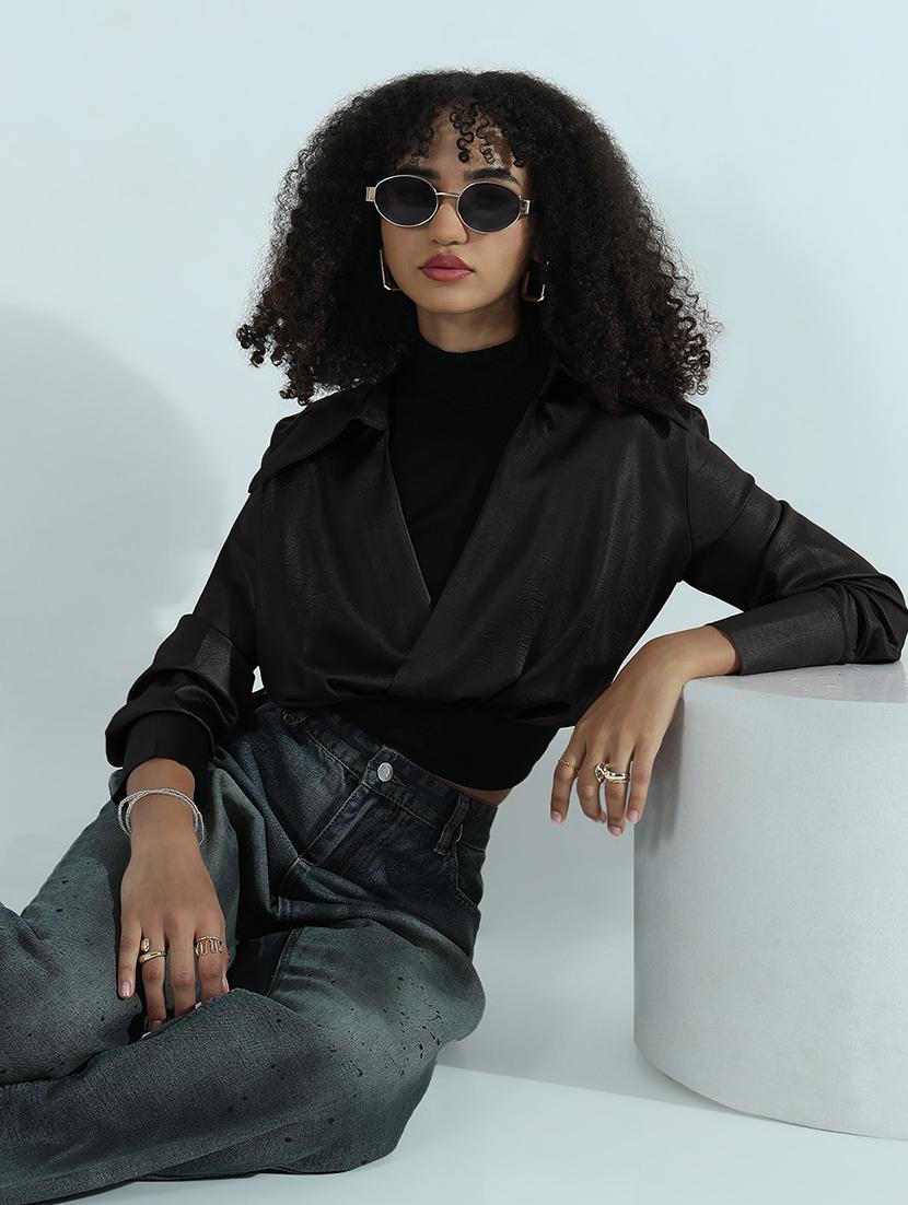 women black faux leather shirt style crop top - 21955849 - Zoom Image - 0