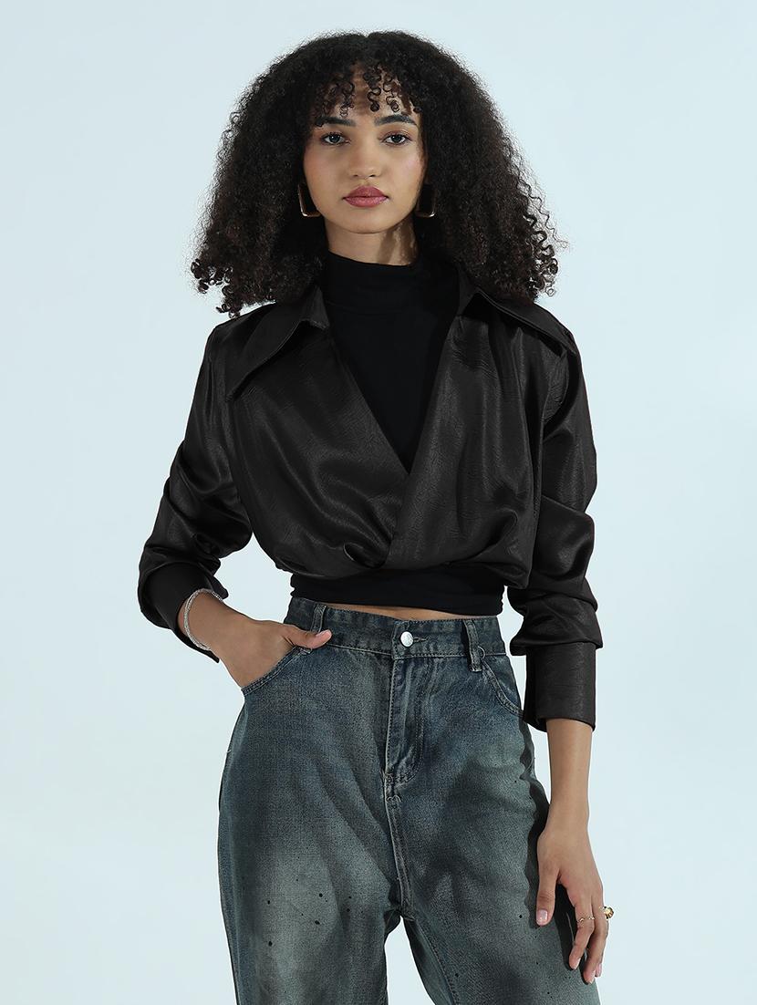 women black faux leather shirt style crop top - 21955849 - Standard Image - 2