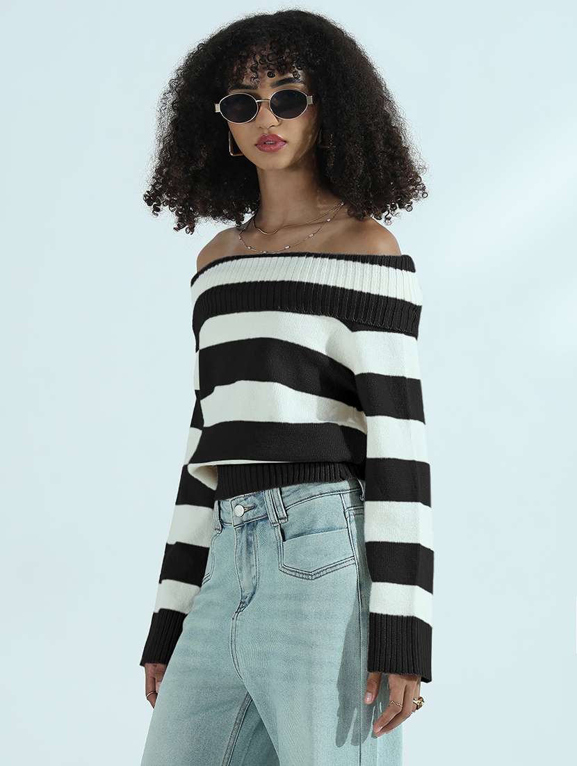 women striped off shoulder long sleeve pullover - 21955852 - Standard Image - 2
