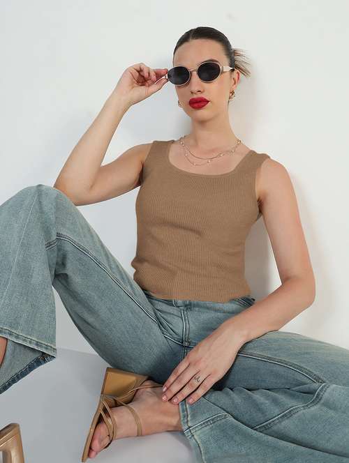 women beige solid sleeveless tank top - 21955853 -  Standard Image - 0
