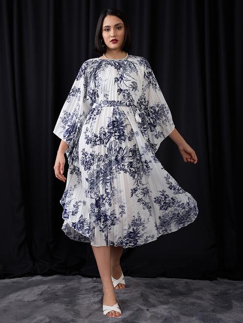 globus women multi colour gathered floral print batwing sleeves tie-up waist fit & flare midi dress - 21955861 -  Standard Image - 0
