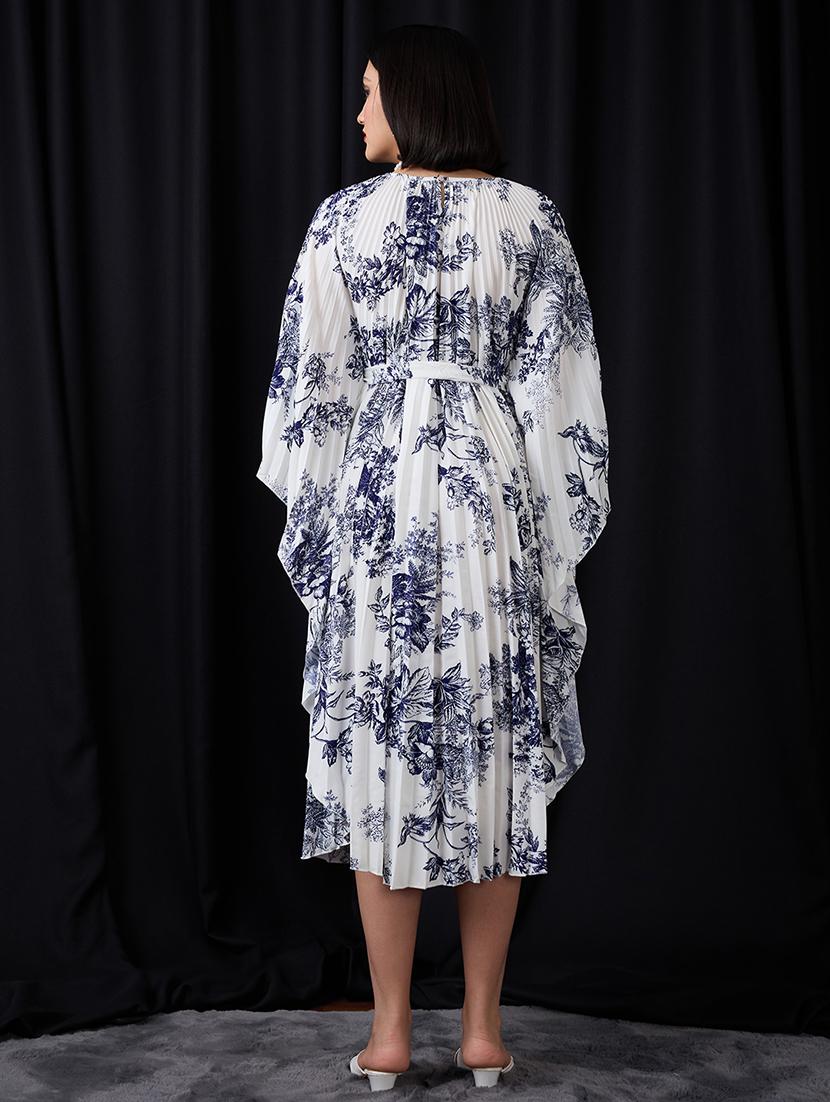 globus women multi colour gathered floral print batwing sleeves tie-up waist fit & flare midi dress - 21955861 - Standard Image - 2