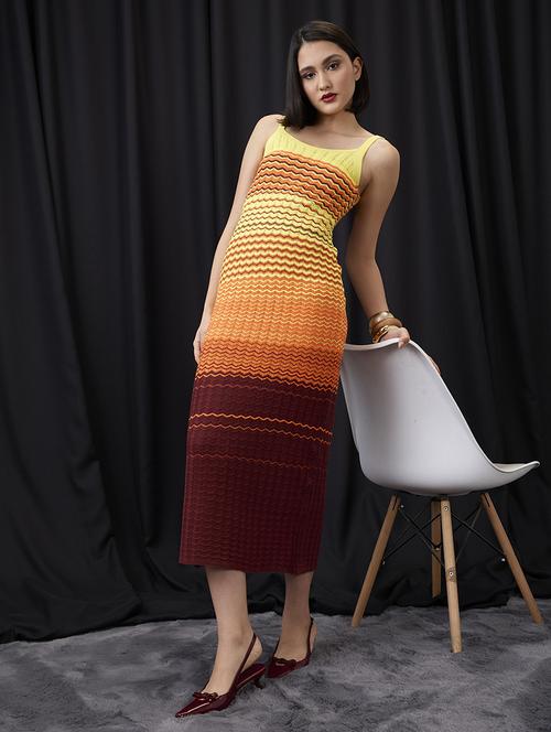 globus women multi colour scoop neck shoulder strap ombre chevron pattern crochet midi bodycon dress - 21955863 -  Standard Image - 0
