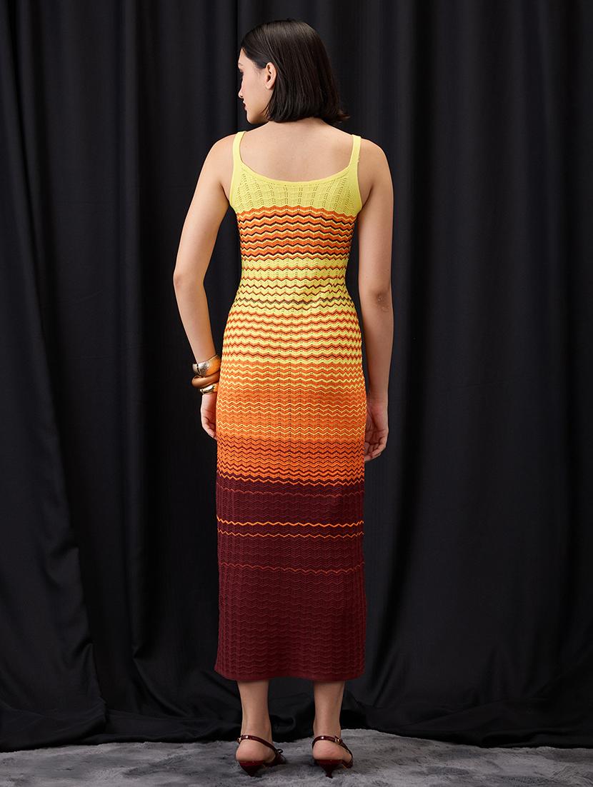 globus women multi colour scoop neck shoulder strap ombre chevron pattern crochet midi bodycon dress - 21955863 -  Standard Image - 2