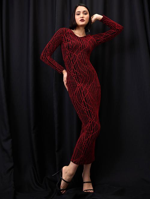 globus women red self design v-neck long sleeves embellished bodycon maxi party dress - 21955865 - Standard Image - 0
