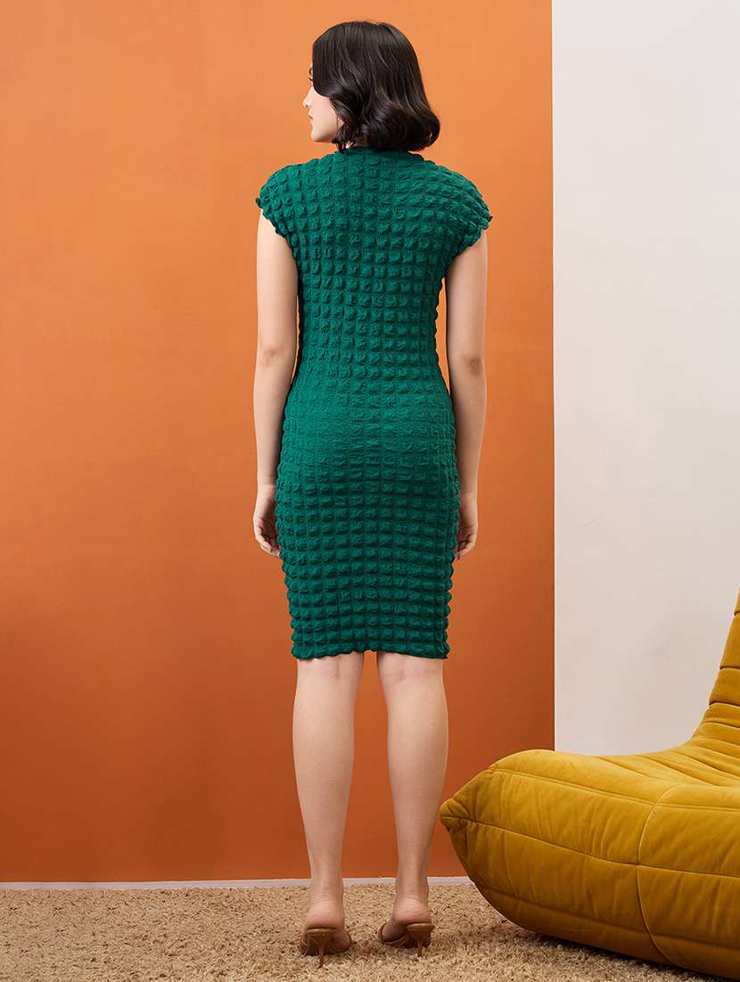 globus women green round neck extended sleeves hyper textured mini bodycon dress - 21955867 -  Standard Image - 2