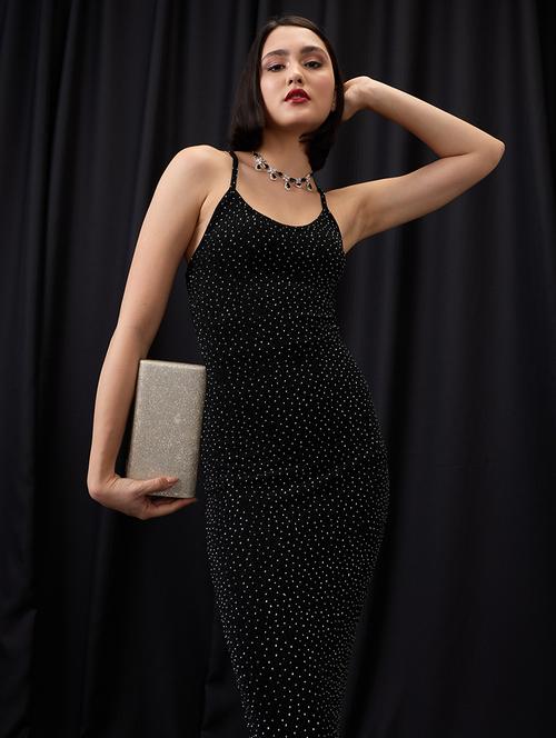 globus women black scoop neck strappy shoulder rhinestone embellished midi bodycon party dress - 21955868 - Standard Image - 0