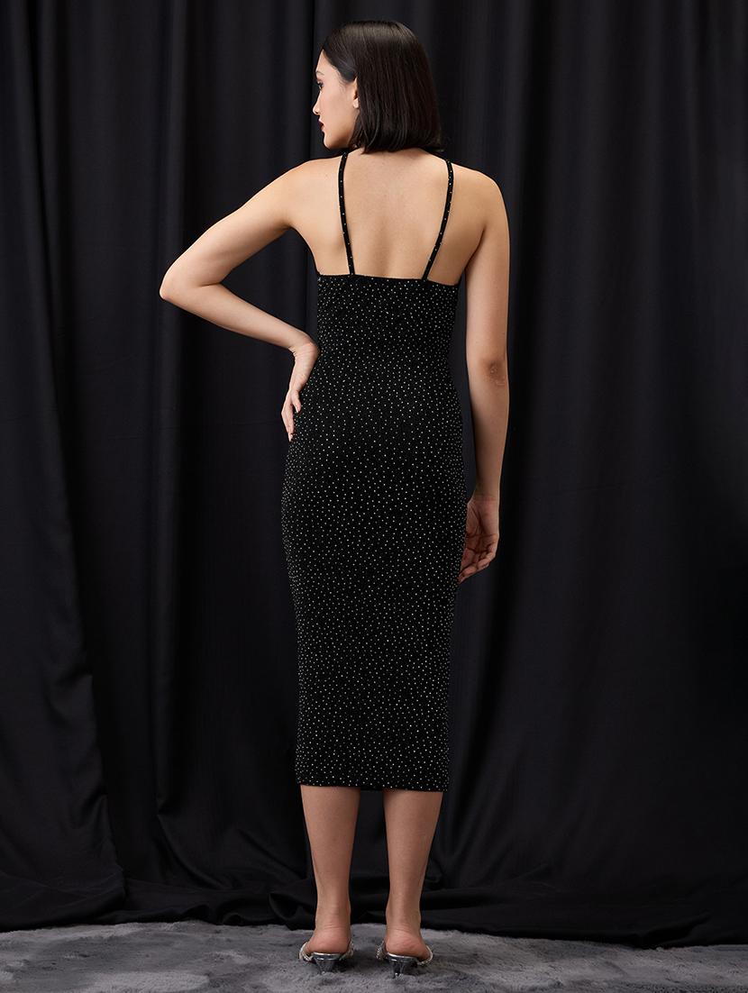 globus women black scoop neck strappy shoulder rhinestone embellished midi bodycon party dress - 21955868 - Standard Image - 2