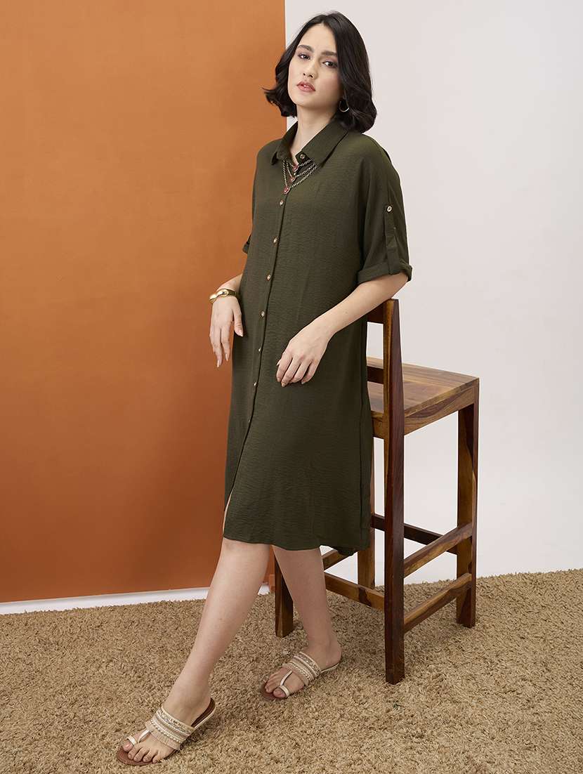 globus women olive solid collared neck roll-up sleeves curved hem midi shirt dress