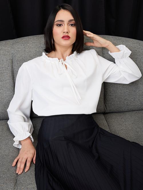 globus women white pearl detail frilled tie-up neck bishop sleeves workwear top - 21955871 -  Standard Image - 0