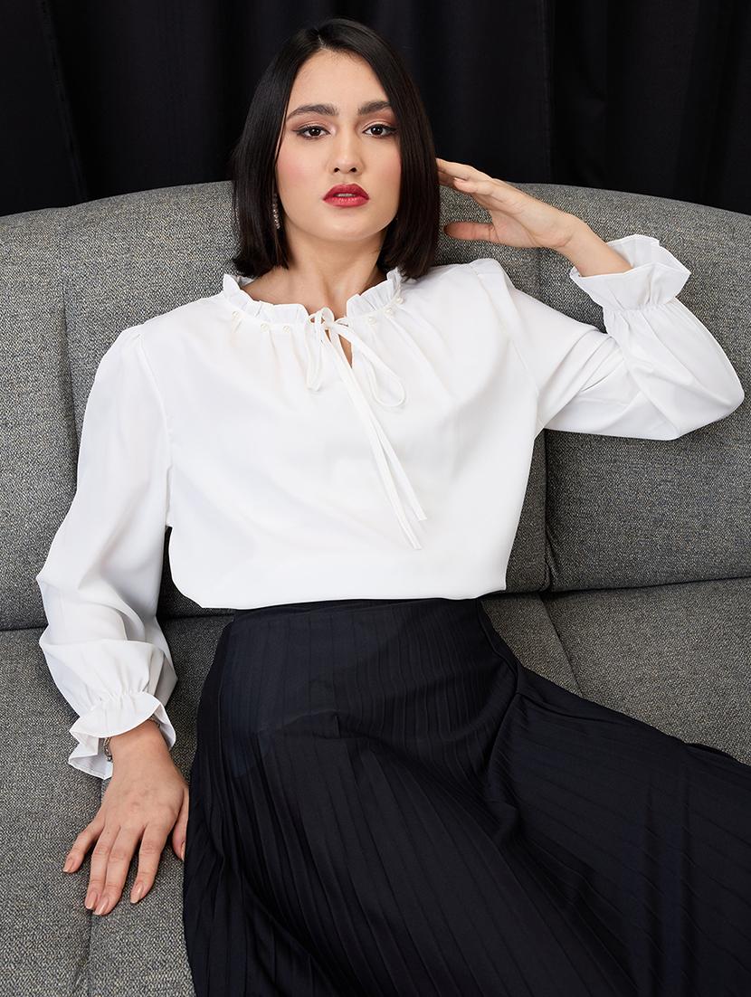 globus women white pearl detail frilled tie-up neck bishop sleeves workwear top - 21955871 -  Zoom Image - 0