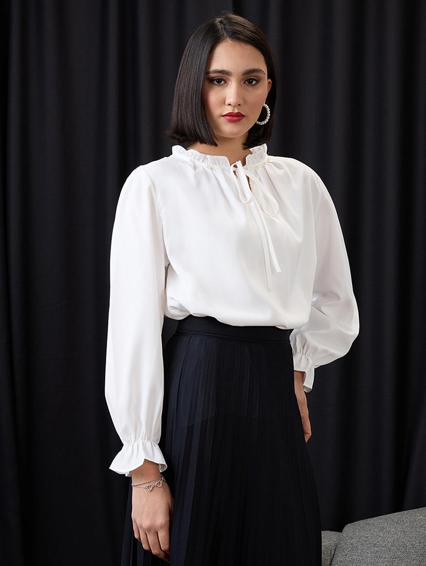 globus women white pearl detail frilled tie-up neck bishop sleeves workwear top - 21955871 - Standard Image - 2