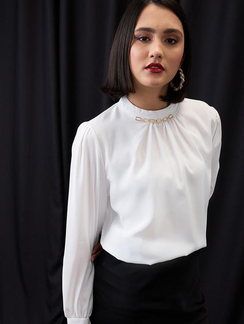 globus women white gold chain detail high neck cuffed sleeves pleated workwear top - 21955872 -  Standard Image - 0