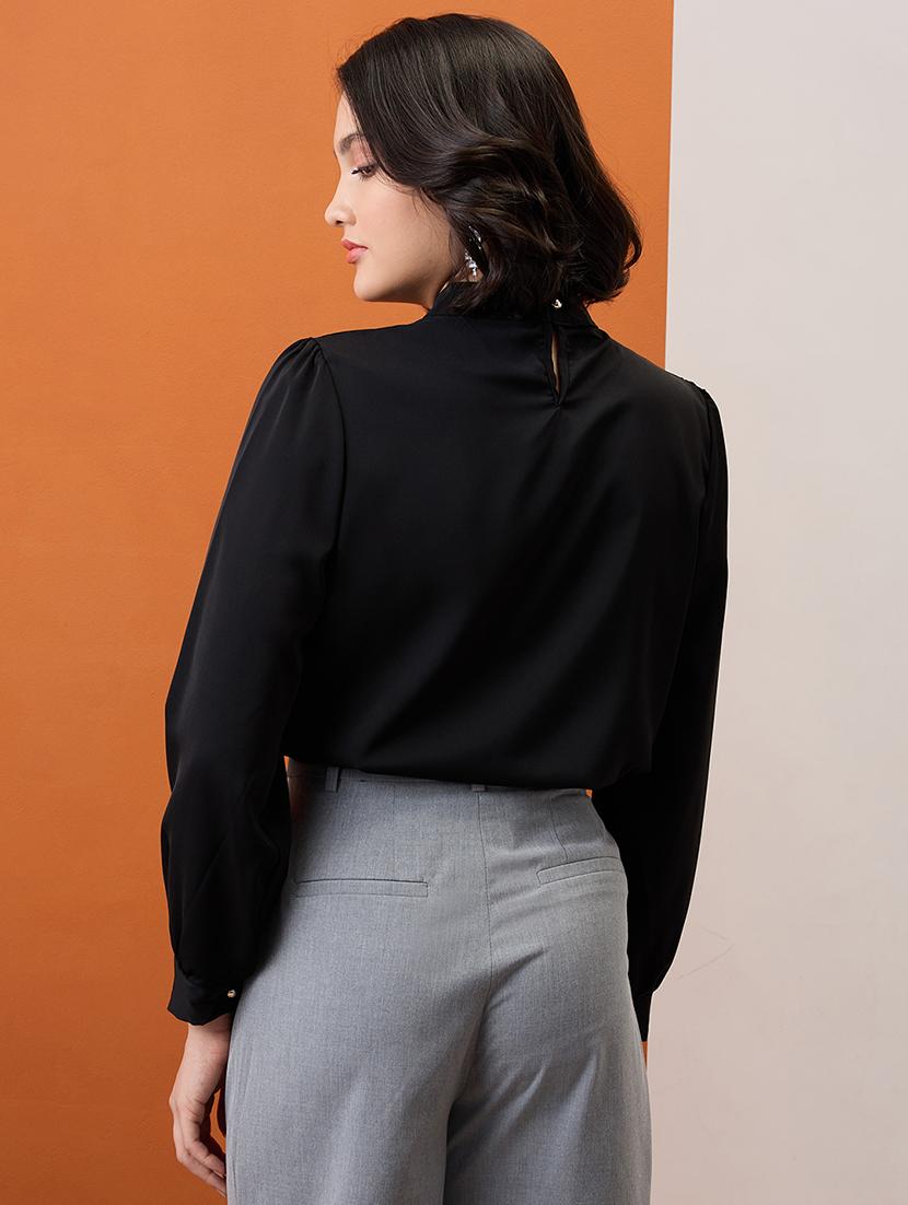 globus women black gold chain detail high neck cuffed sleeves pleated workwear top - 21955873 - Standard Image - 2