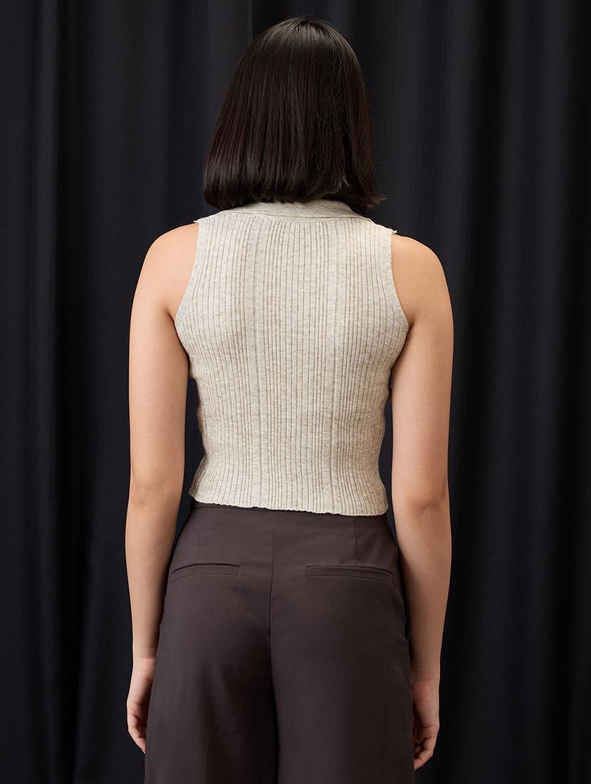 globus women beige collared halter neck gold button detail flat knit ribbed crop top - 21955876 - Standard Image - 2