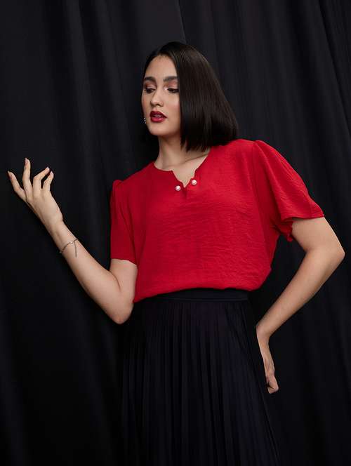globus women red notch neck puff sleeves solid pearl detail top - 21955877 -  Standard Image - 0