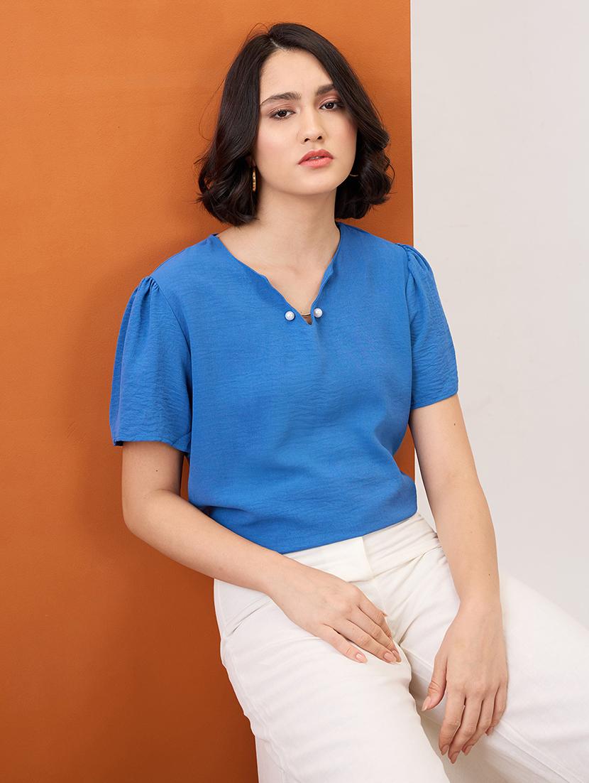 globus women blue notch neck puff sleeves solid pearl detail top - 21955878 - Zoom Image - 0