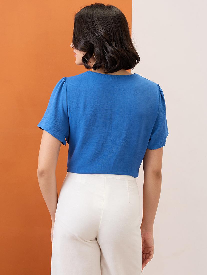 globus women blue notch neck puff sleeves solid pearl detail top - 21955878 - Standard Image - 2