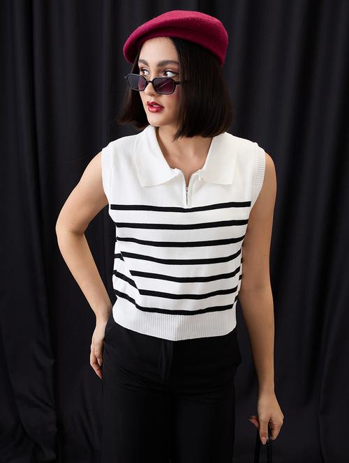globus women white zippered shirt collar striped flat knit ribbed vest top - 21955879 -  Standard Image - 0