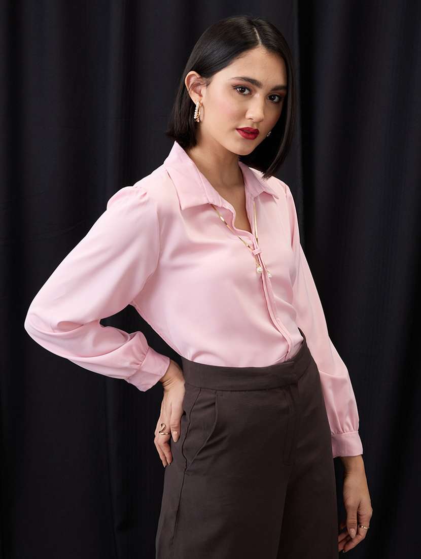 globus women pink collared neck cuffed sleeves chain & pearl detail shirt style workwear top - 21955881 -  Standard Image - 2